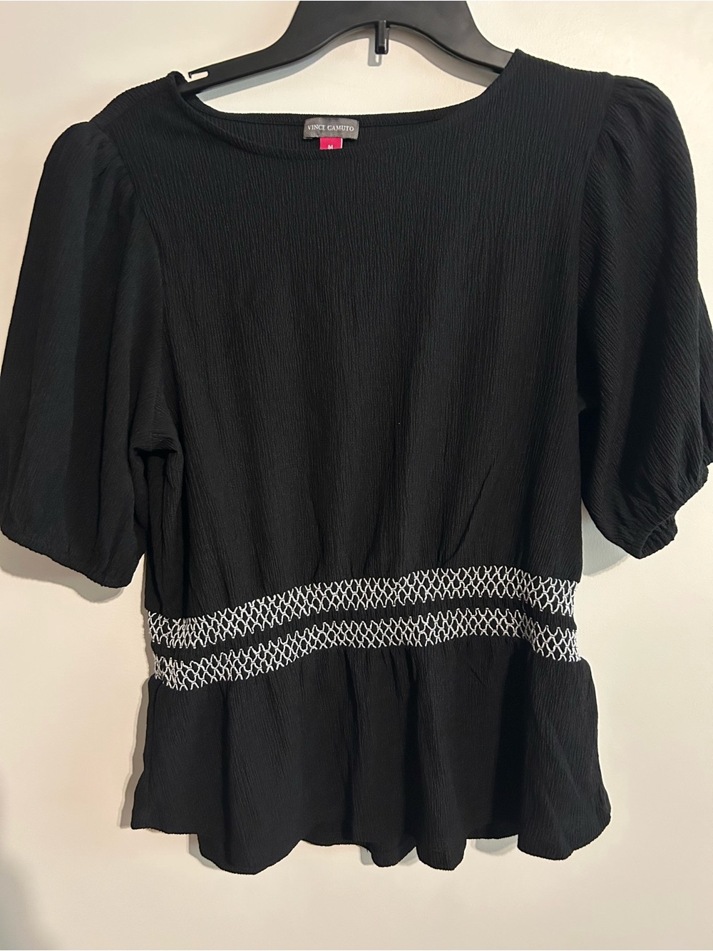 Vince Camuto Black Peplum Top with White Waist Embroidery